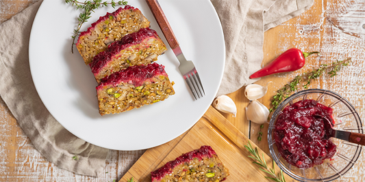 Pistachio and Mushroom Nut Roast with Red Beet Cranberry