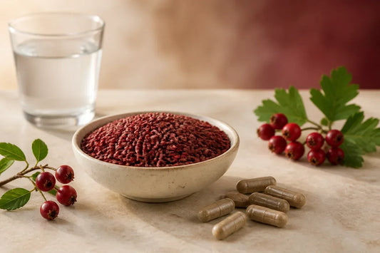 Red yeast rice capsules beside fermented red yeast rice and a glass of water
