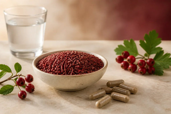 Red yeast rice capsules beside fermented red yeast rice and a glass of water