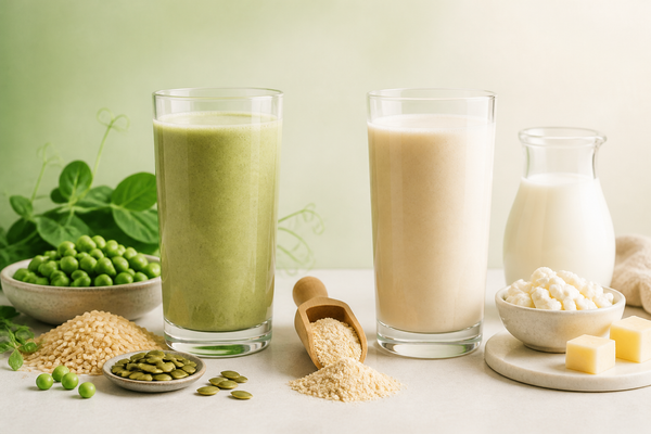 Veggie protein shake with plant ingredients beside a whey protein shake with dairy ingredients